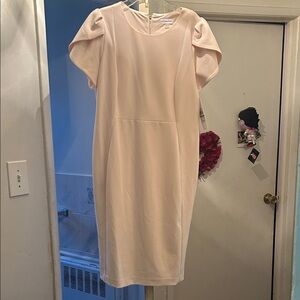 Calvin Klein Pale Blush Puff-Sleeve Midi Dress